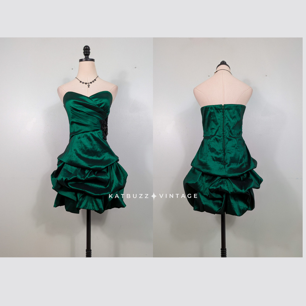 Vintage Prom Dress Mini Gown M Green Bubble Y2K Holiday Strapless Hoco Glam Ball